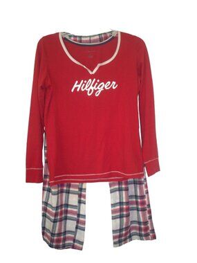 Tommy Hilfiger Women's Small Pajama Set Red Flannel Plaid Pants & LS Top #I-7